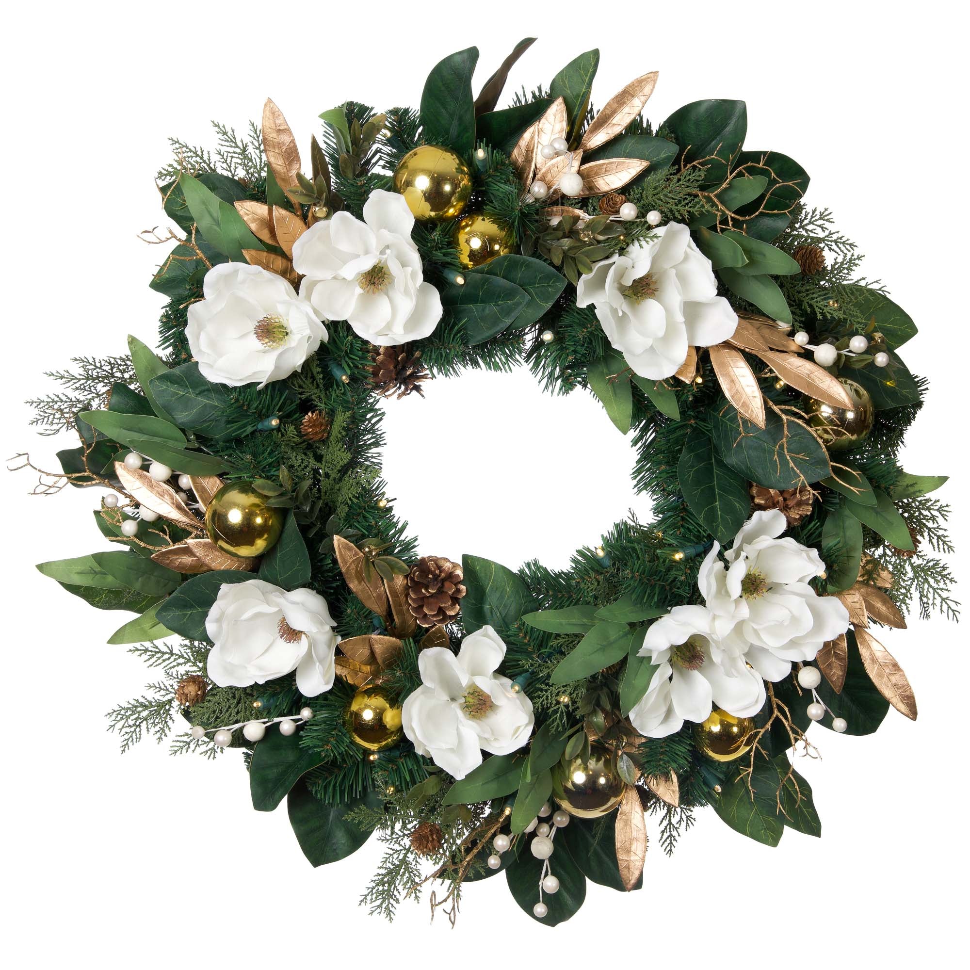 Weißgold Magnolie beleuchtet Weihnachtskranz