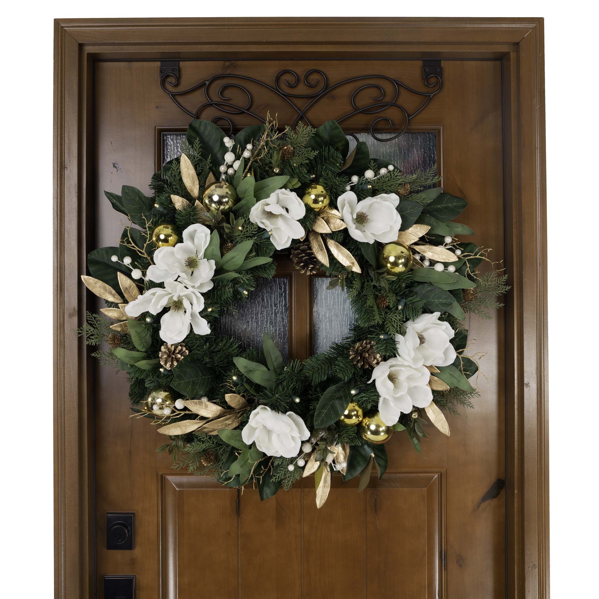 Weißgold Magnolie beleuchtet Weihnachtskranz